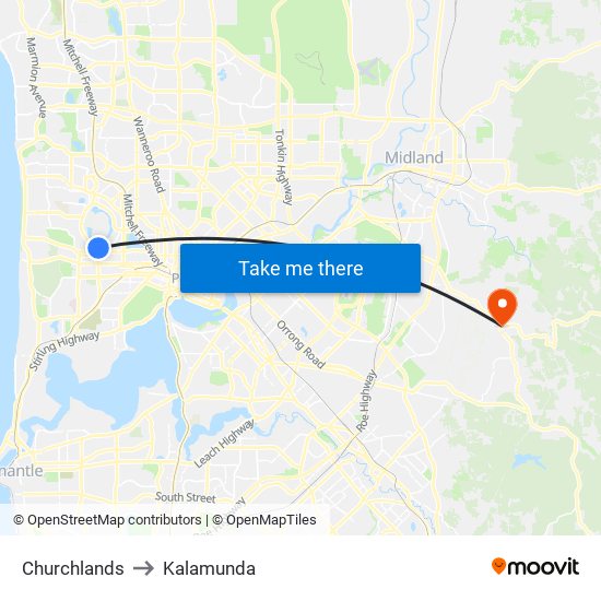 Churchlands to Kalamunda map