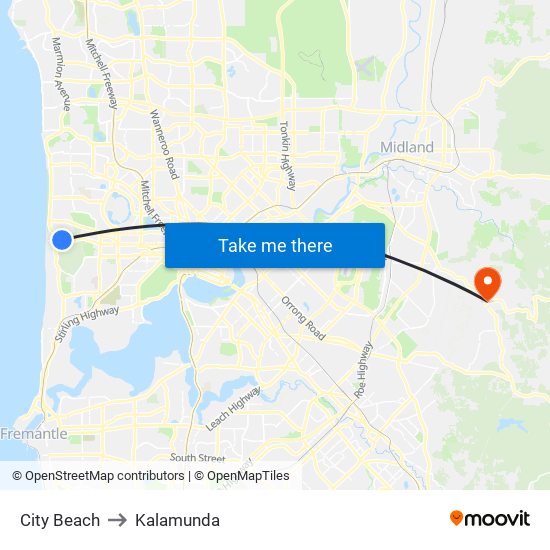 City Beach to Kalamunda map