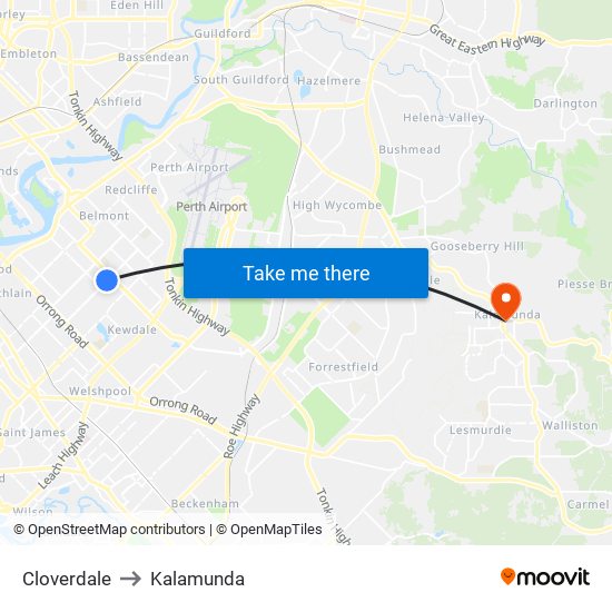 Cloverdale to Kalamunda map