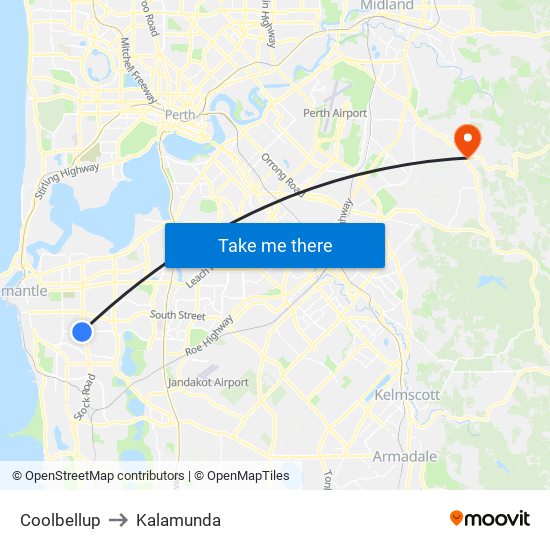 Coolbellup to Kalamunda map