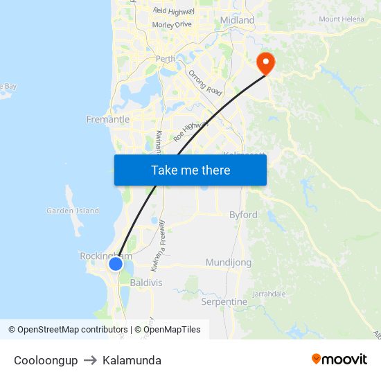 Cooloongup to Kalamunda map