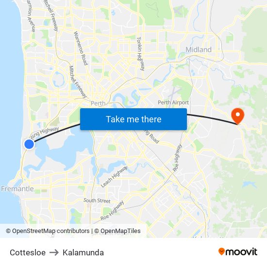 Cottesloe to Kalamunda map