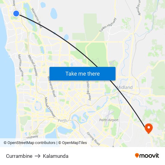 Currambine to Kalamunda map