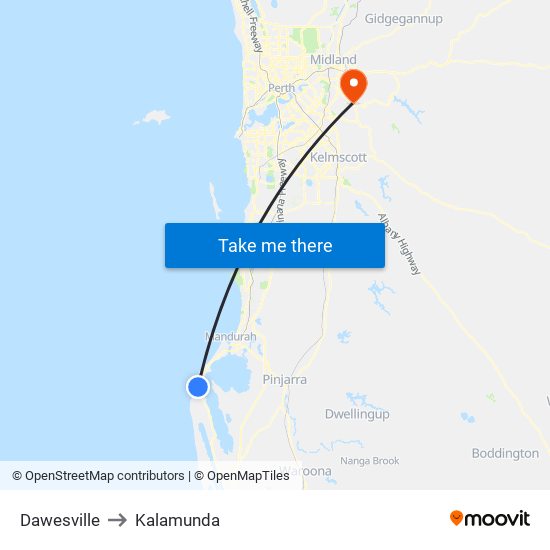 Dawesville to Kalamunda map