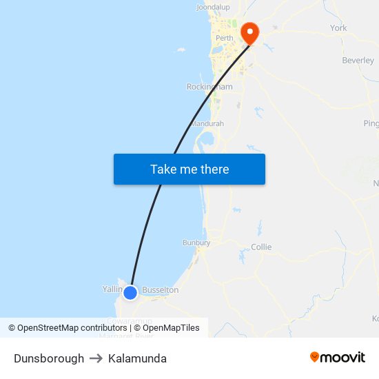 Dunsborough to Kalamunda map