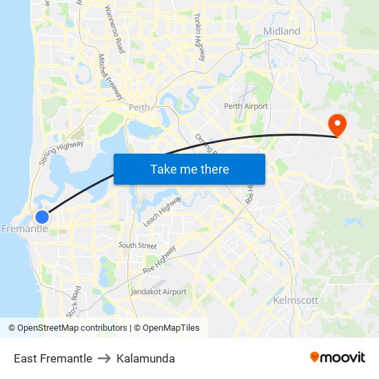 East Fremantle to Kalamunda map