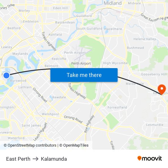 East Perth to Kalamunda map