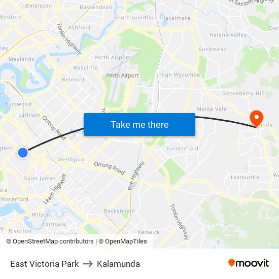 East Victoria Park to Kalamunda map