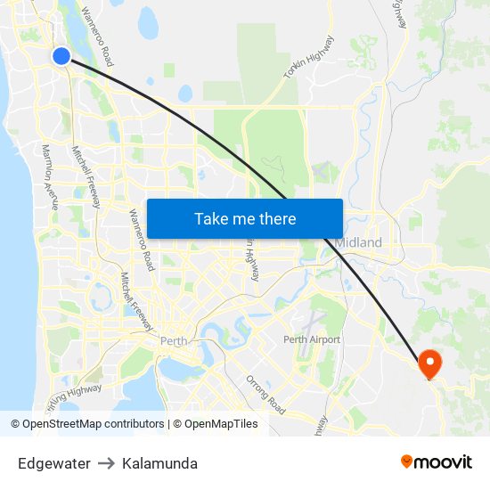 Edgewater to Kalamunda map
