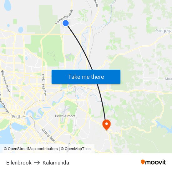 Ellenbrook to Kalamunda map