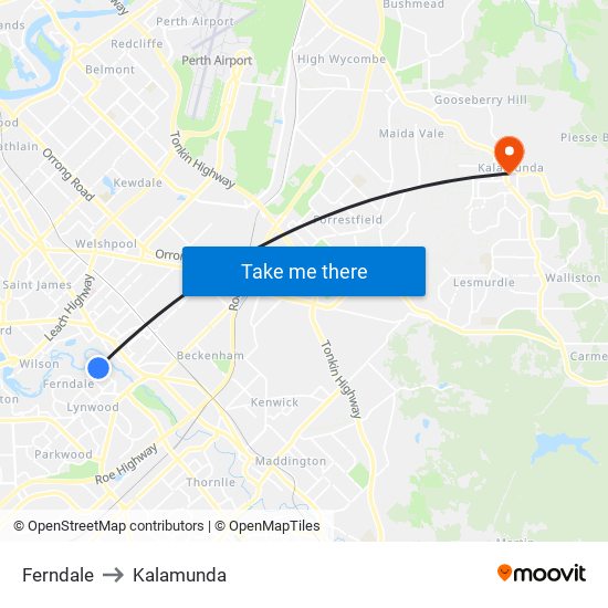 Ferndale to Kalamunda map