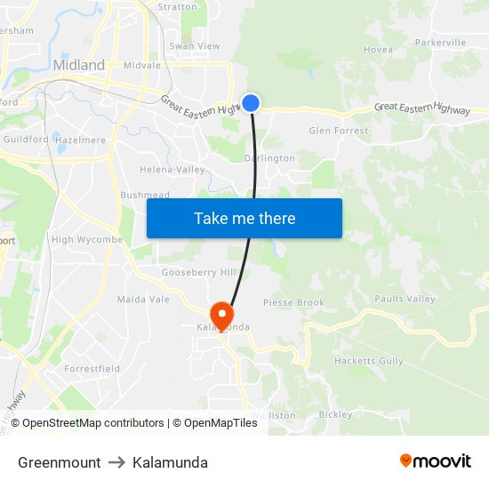 Greenmount to Kalamunda map