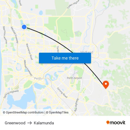 Greenwood to Kalamunda map