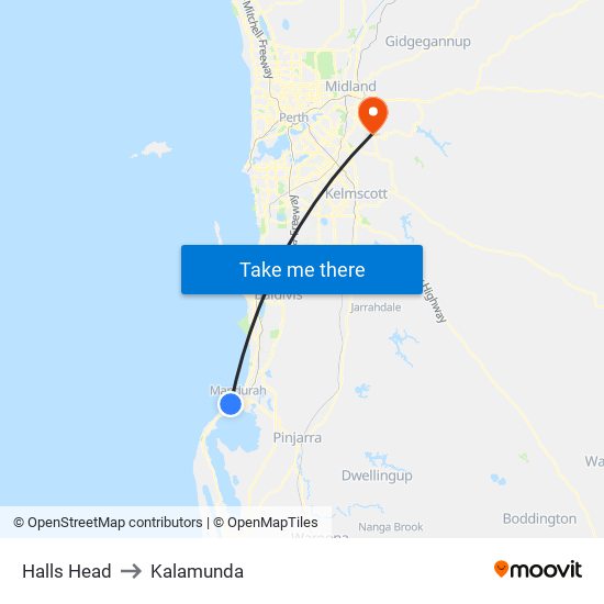 Halls Head to Kalamunda map