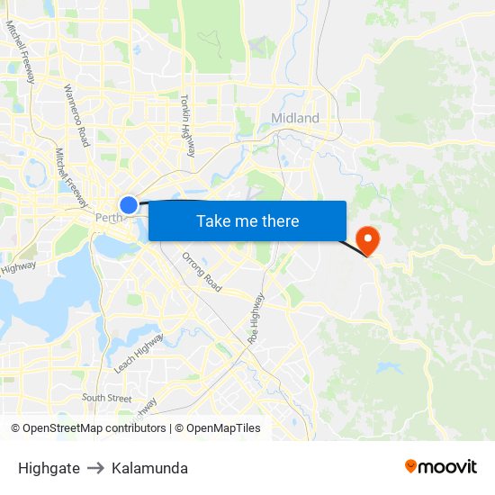 Highgate to Kalamunda map