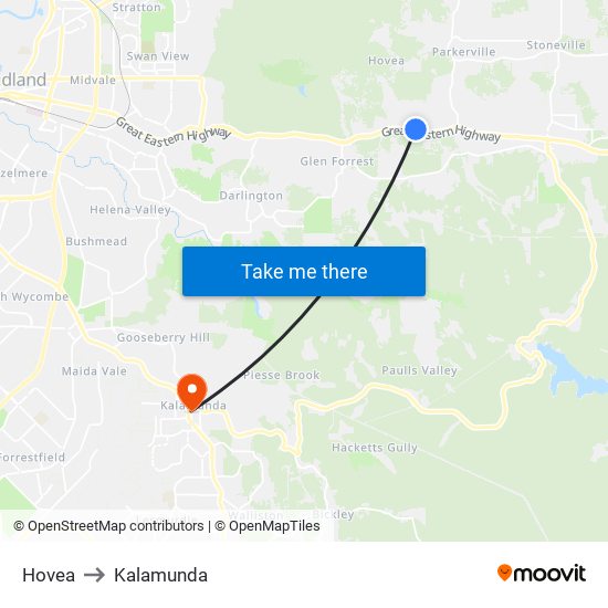 Hovea to Kalamunda map