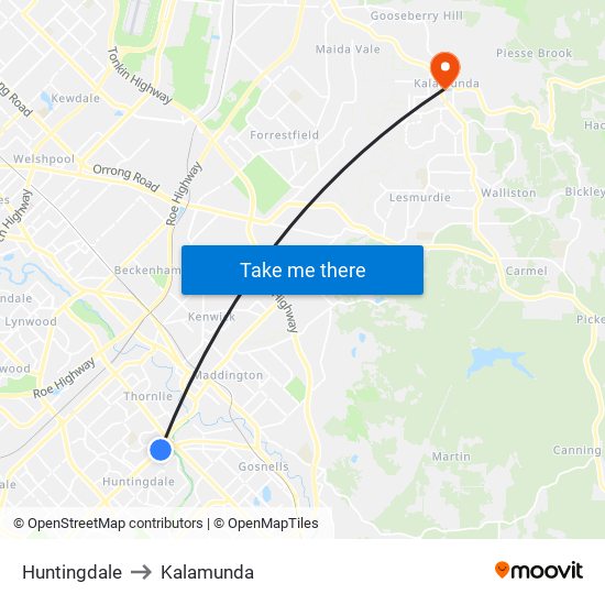 Huntingdale to Kalamunda map