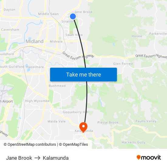 Jane Brook to Kalamunda map