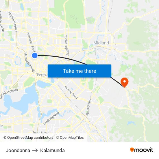 Joondanna to Kalamunda map