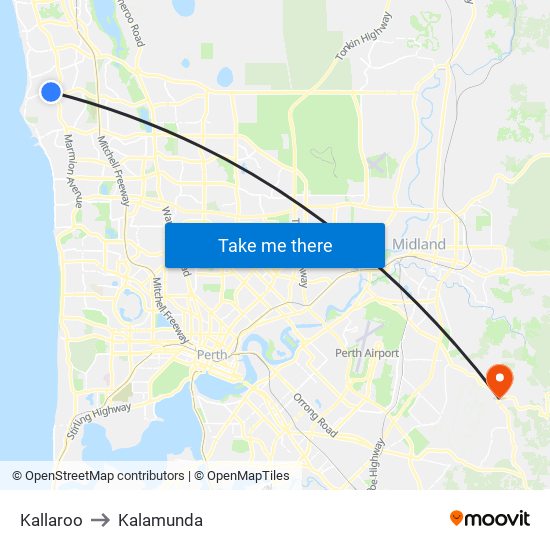 Kallaroo to Kalamunda map