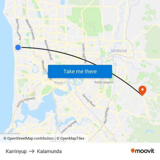 Karrinyup to Kalamunda map