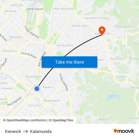 Kenwick to Kalamunda map