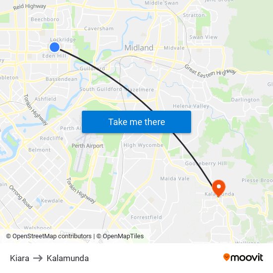 Kiara to Kalamunda map