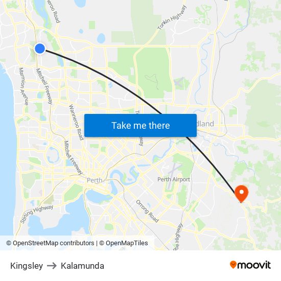 Kingsley to Kalamunda map
