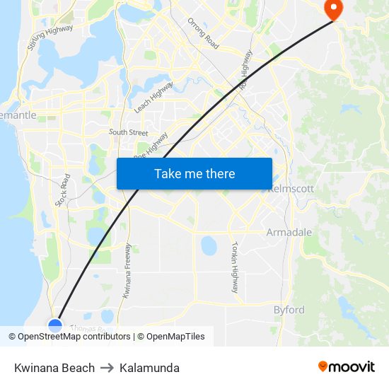 Kwinana Beach to Kalamunda map