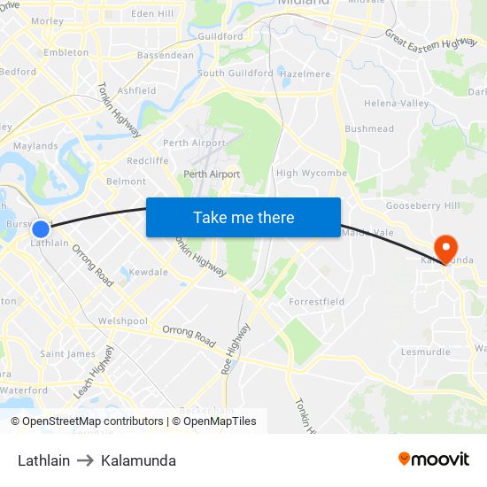 Lathlain to Kalamunda map