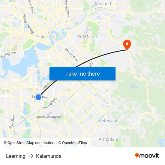 Leeming to Kalamunda map