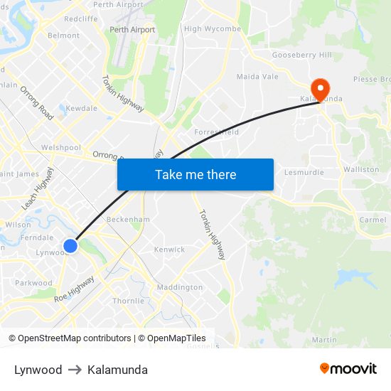Lynwood to Kalamunda map