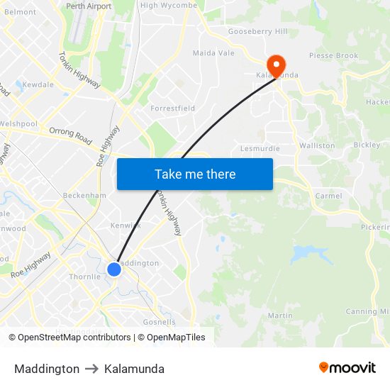 Maddington to Kalamunda map