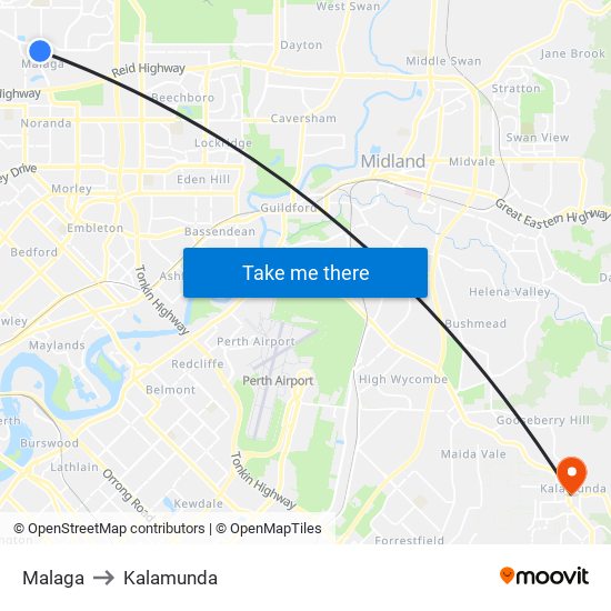 Malaga to Kalamunda map