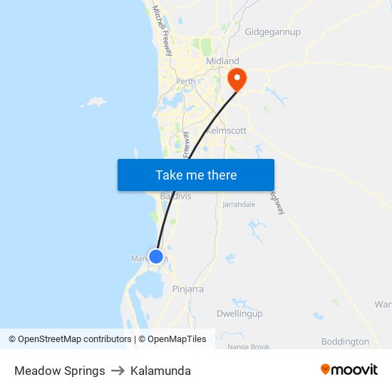 Meadow Springs to Kalamunda map