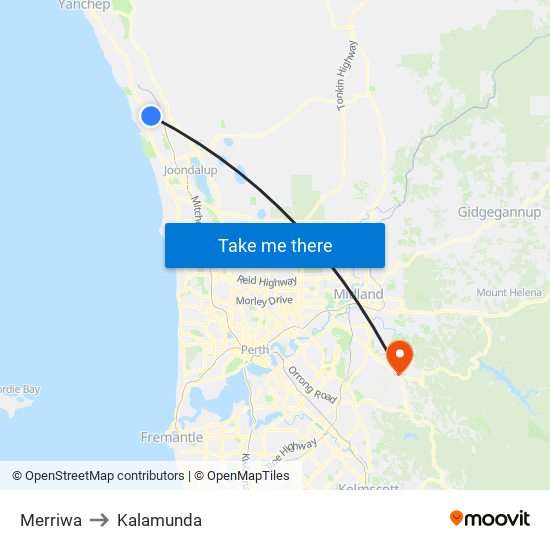 Merriwa to Kalamunda map