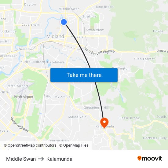 Middle Swan to Kalamunda map