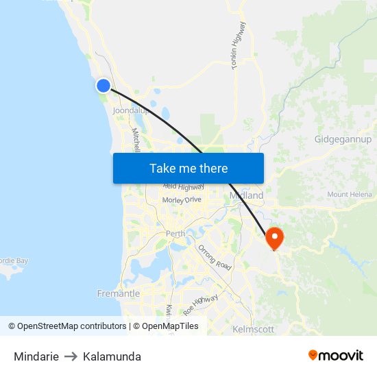 Mindarie to Kalamunda map