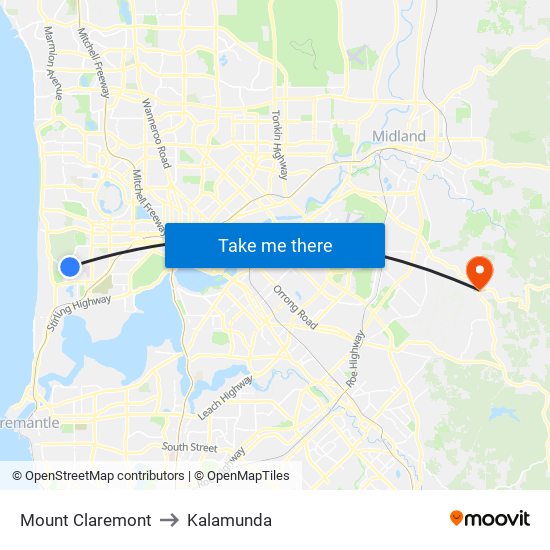 Mount Claremont to Kalamunda map