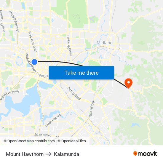 Mount Hawthorn to Kalamunda map
