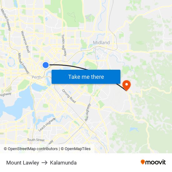 Mount Lawley to Kalamunda map