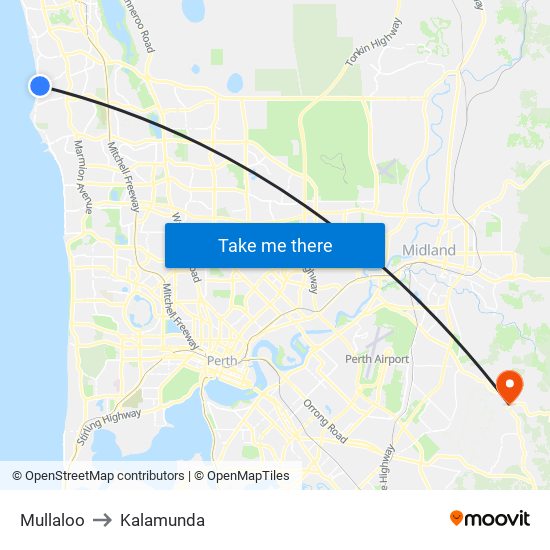 Mullaloo to Kalamunda map