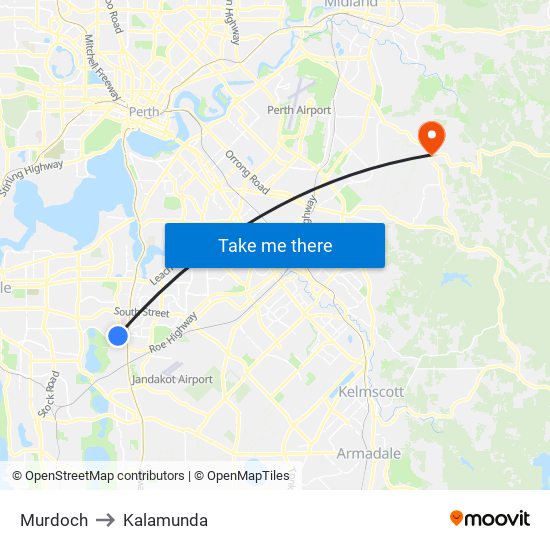 Murdoch to Kalamunda map