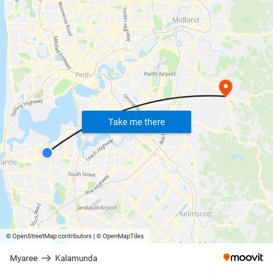 Myaree to Kalamunda map