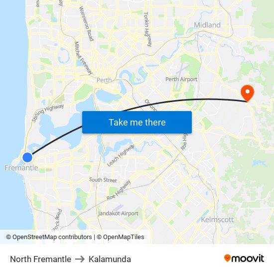 North Fremantle to Kalamunda map