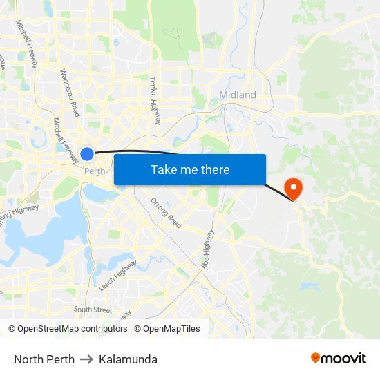 North Perth to Kalamunda map