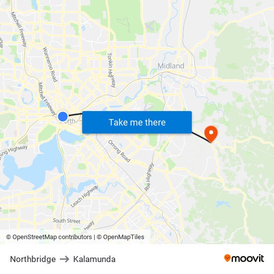 Northbridge to Kalamunda map