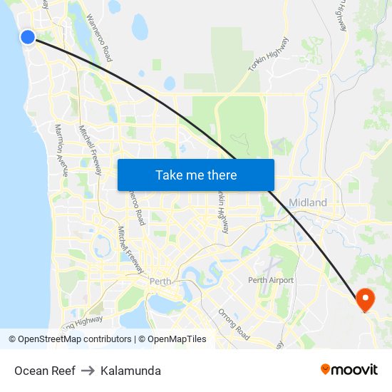 Ocean Reef to Kalamunda map