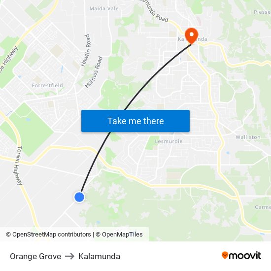 Orange Grove to Kalamunda map