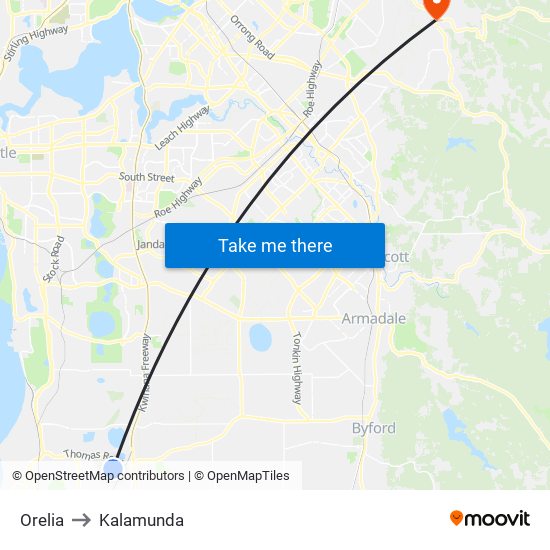 Orelia to Kalamunda map